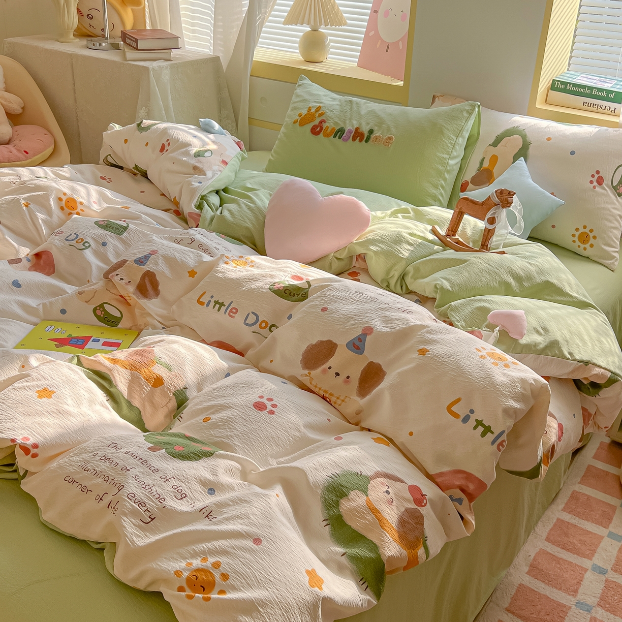 91家纺网 家纺一手货源 找家纺 子钦家纺 2026春夏新款提花泡芙棉可爱小清新手工爱心小星星系列床单床笠四件套-流星花园 流行花园-趴趴狗