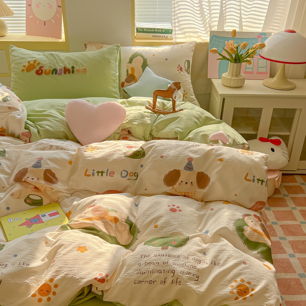 91家纺网 家纺一手货源 找家纺 子钦家纺 2026春夏新款提花泡芙棉可爱小清新手工爱心小星星系列床单床笠四件套-流星花园 流行花园-趴趴狗