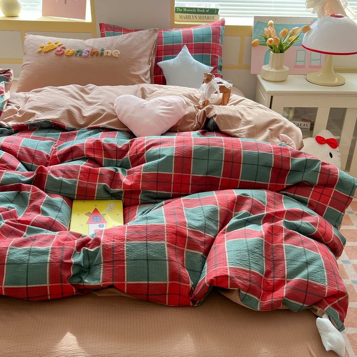 91家纺网 家纺一手货源 找家纺 子钦家纺 2026春夏新款提花泡芙棉可爱小清新手工爱心小星星系列床单床笠四件套-流星花园 流星花园-苏格兰格