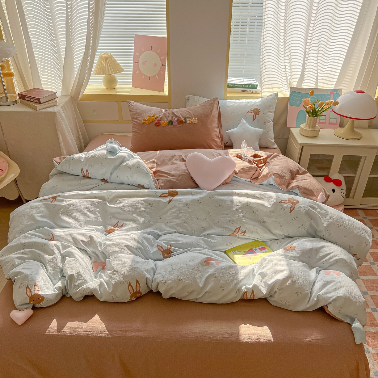 91家纺网 家纺一手货源 找家纺 子钦家纺 2026春夏新款提花泡芙棉可爱小清新手工爱心小星星系列床单床笠四件套-流星花园 流星花园-碎花兔兔