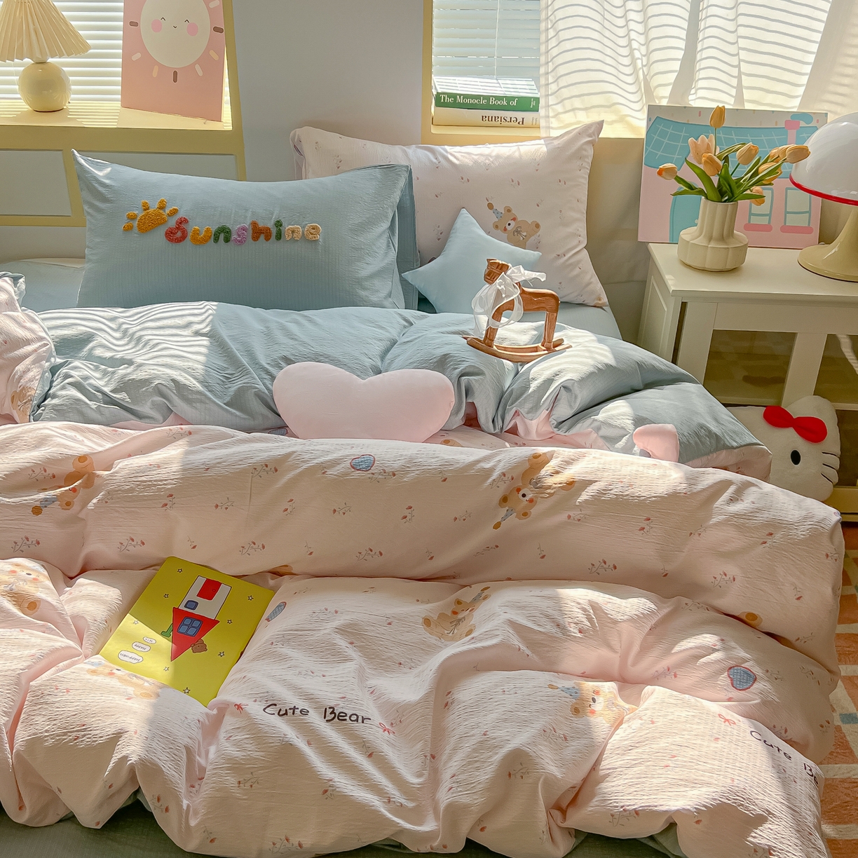 91家纺网 家纺一手货源 找家纺 子钦家纺 2026春夏新款提花泡芙棉可爱小清新手工爱心小星星系列床单床笠四件套-流星花园 流星花园-生日熊