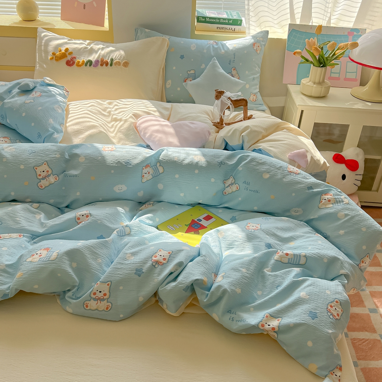 子钦家纺 2026春夏新款提花泡芙棉可爱小清新手工爱心小星星系列床单床笠四件套-流星花园 流星花园-西高地