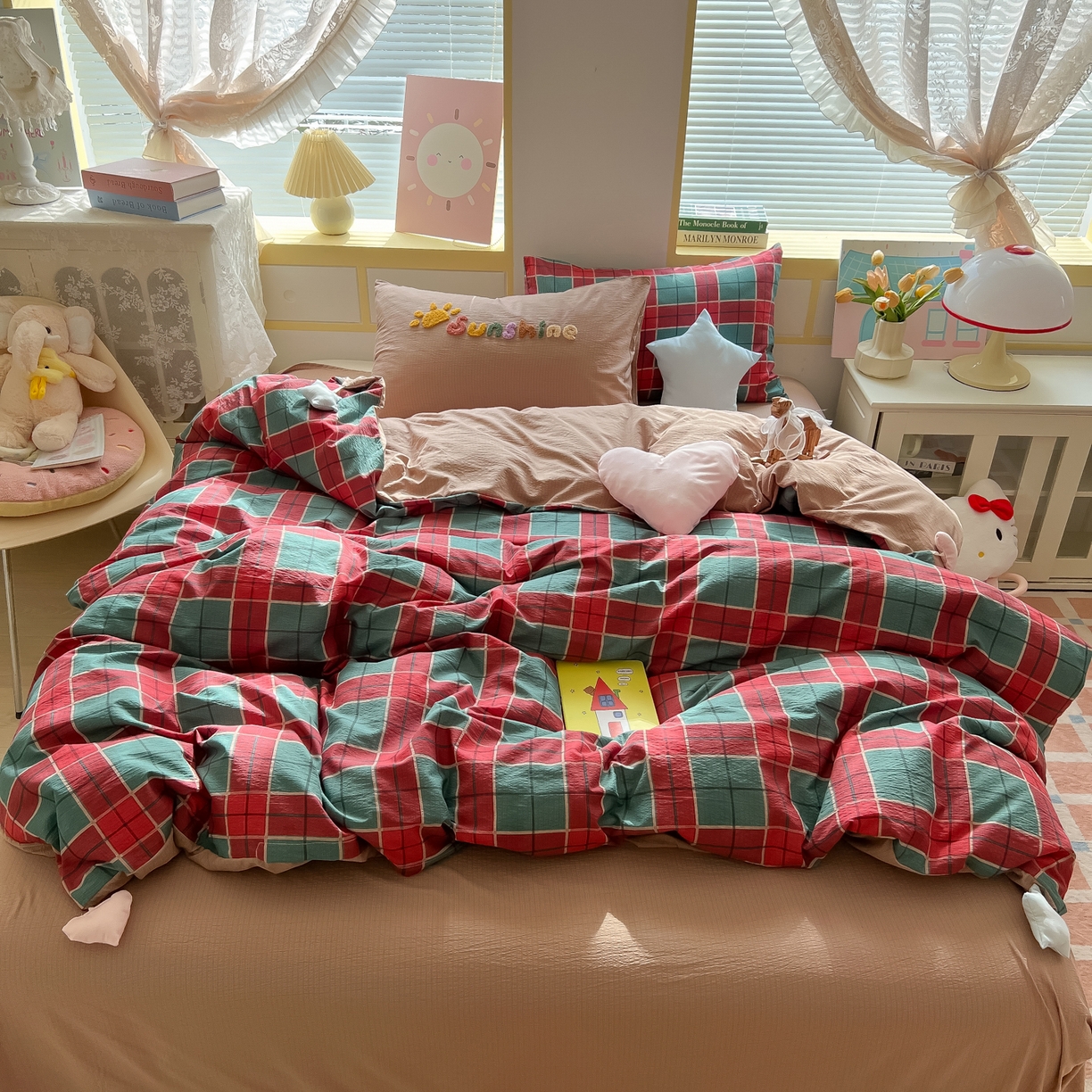 91家纺网 家纺一手货源 找家纺 子钦家纺 2026春夏新款提花泡芙棉可爱小清新手工爱心小星星系列床单床笠四件套-流星花园 流星花园-苏格兰格