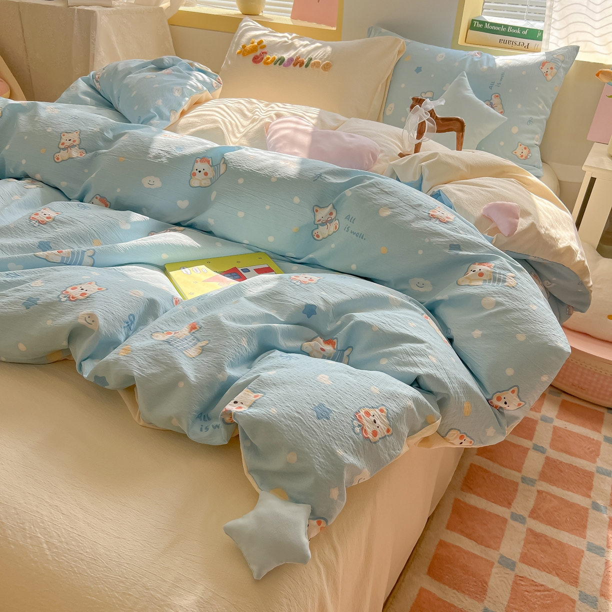 91家纺网 家纺一手货源 找家纺 子钦家纺 2026春夏新款提花泡芙棉可爱小清新手工爱心小星星系列床单床笠四件套-流星花园 流星花园-西高地