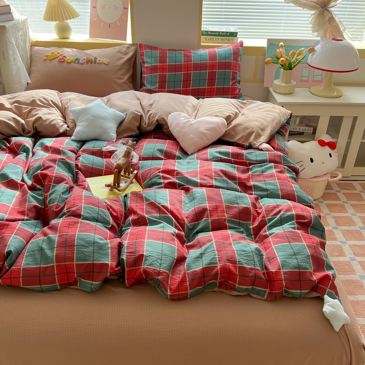 91家纺网 家纺一手货源 找家纺 子钦家纺 2026春夏新款提花泡芙棉可爱小清新手工爱心小星星系列床单床笠四件套-流星花园 流星花园-苏格兰格