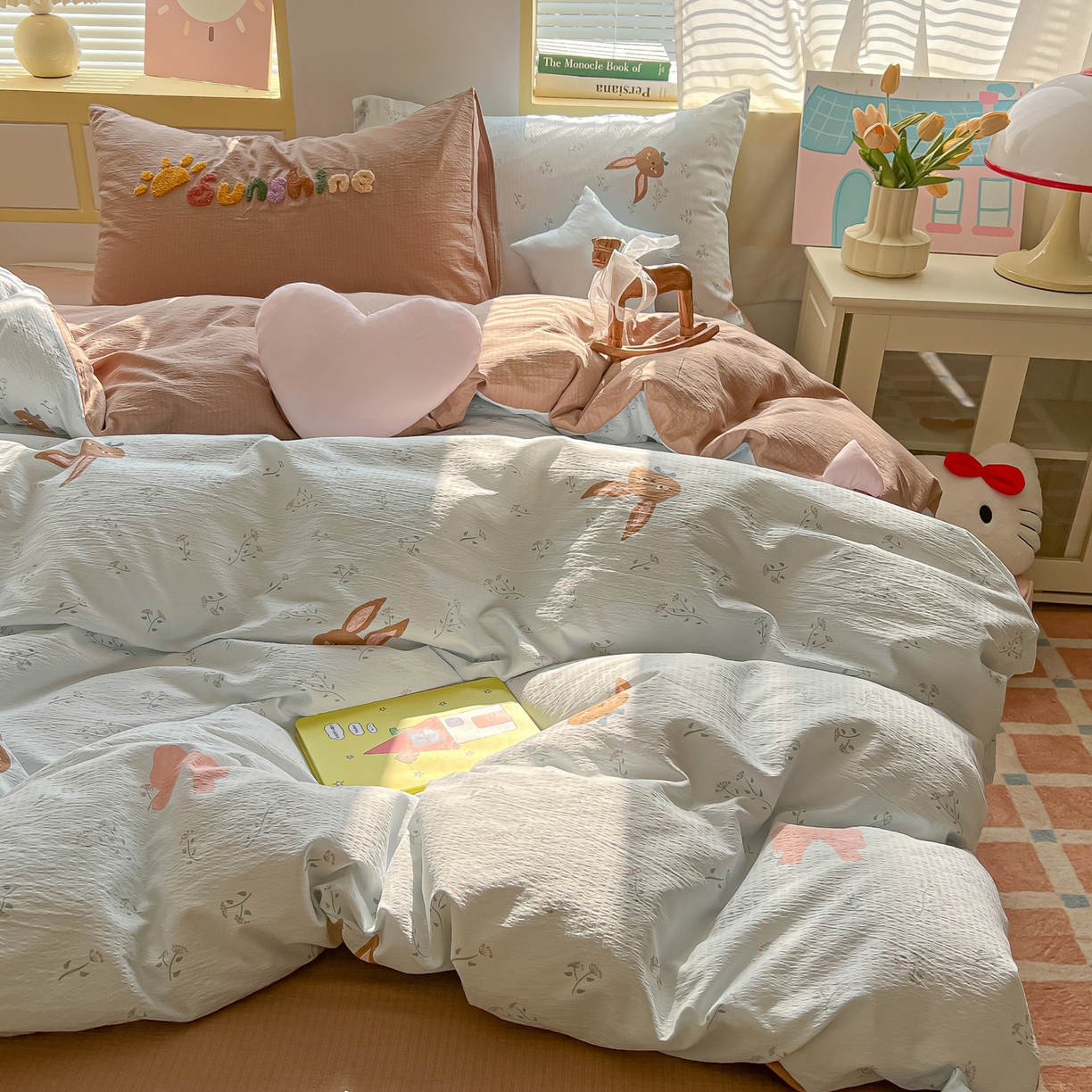 91家纺网 家纺一手货源 找家纺 子钦家纺 2026春夏新款提花泡芙棉可爱小清新手工爱心小星星系列床单床笠四件套-流星花园 流星花园-碎花兔兔