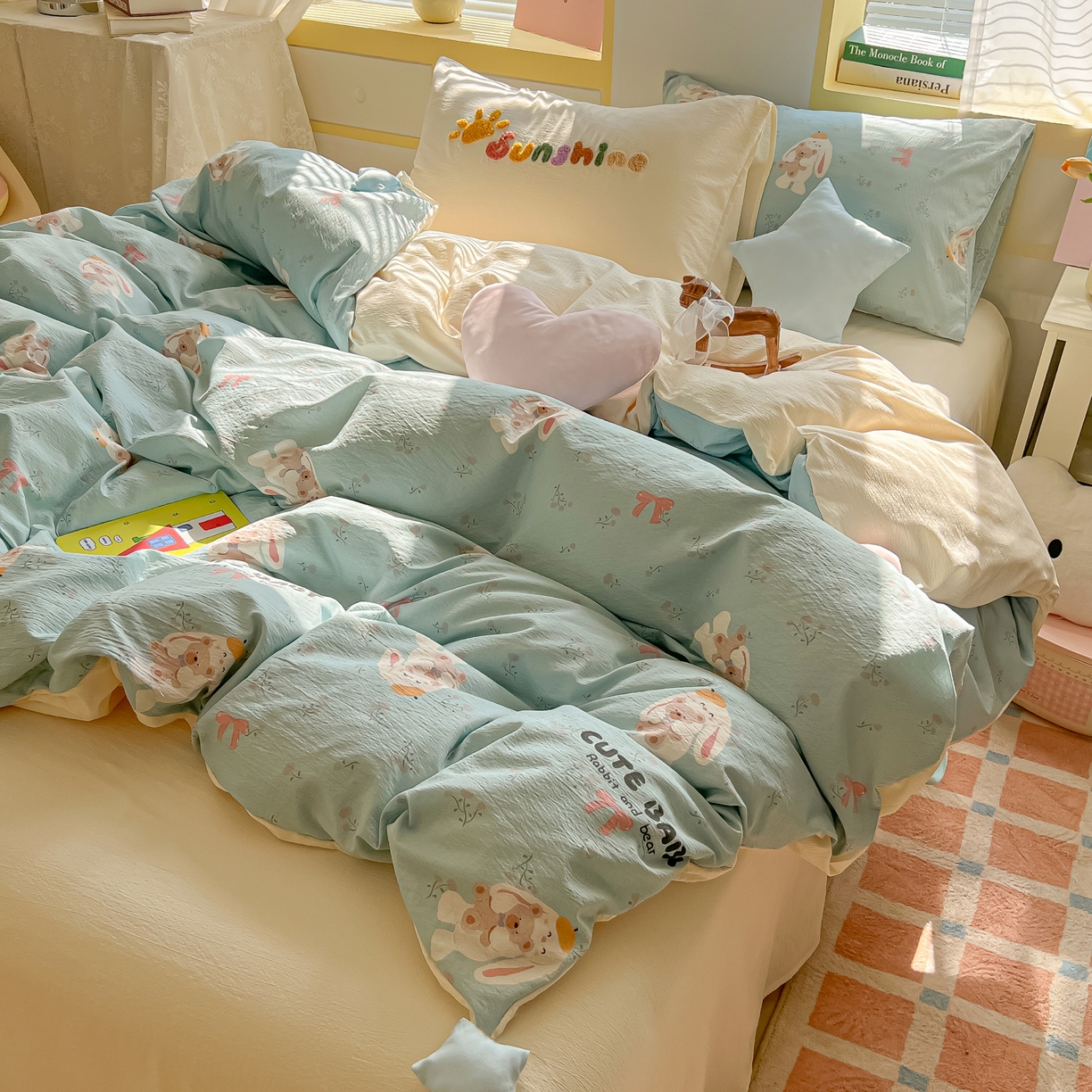 91家纺网 家纺一手货源 找家纺 子钦家纺 2026春夏新款提花泡芙棉可爱小清新手工爱心小星星系列床单床笠四件套-流星花园 流星花园-抱抱兔