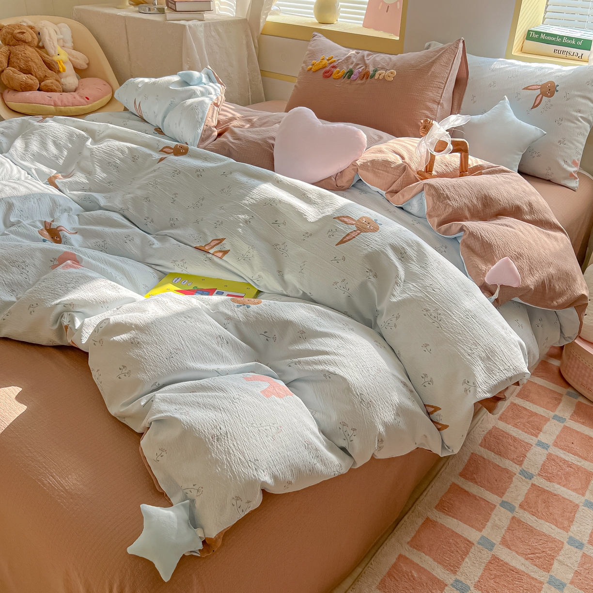 91家纺网 家纺一手货源 找家纺 子钦家纺 2026春夏新款提花泡芙棉可爱小清新手工爱心小星星系列床单床笠四件套-流星花园 流星花园-碎花兔兔