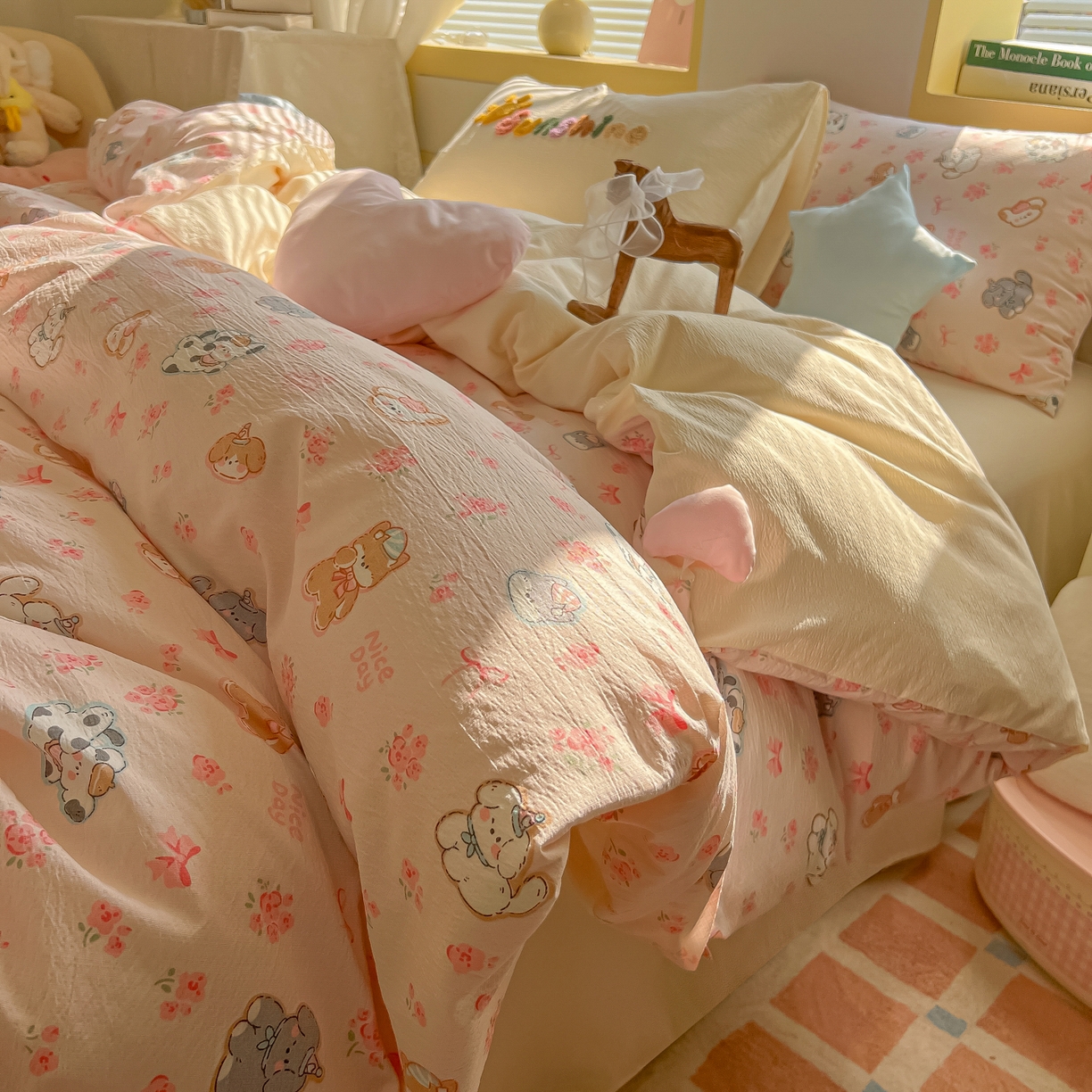 91家纺网 家纺一手货源 找家纺 子钦家纺 2026春夏新款提花泡芙棉可爱小清新手工爱心小星星系列床单床笠四件套-流星花园 流星花园-暖暖