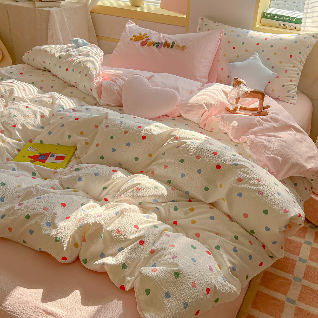 91家纺网 家纺一手货源 找家纺 子钦家纺 2026春夏新款提花泡芙棉可爱小清新手工爱心小星星系列床单床笠四件套-流星花园 流星花园-七彩爱心