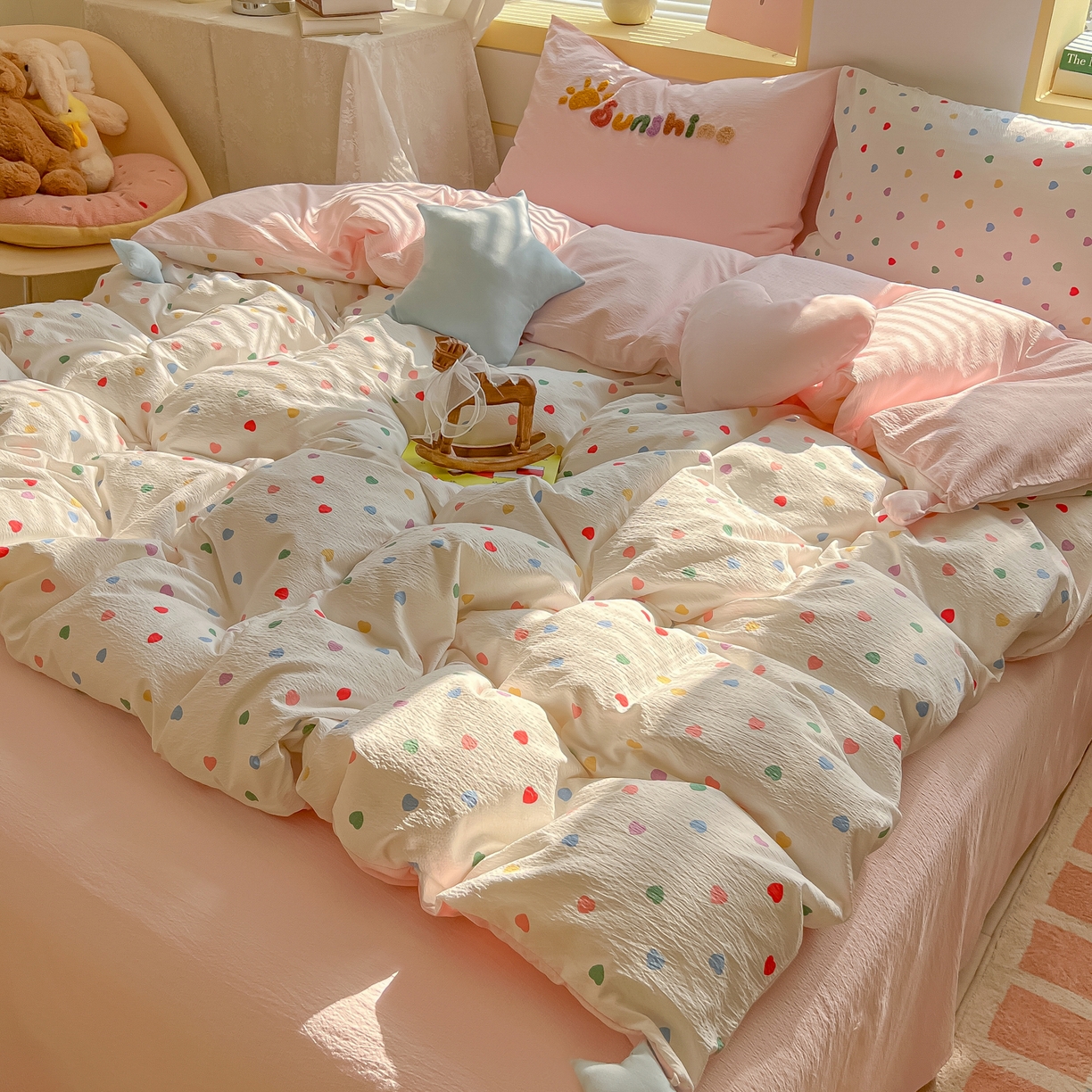 91家纺网 家纺一手货源 找家纺 子钦家纺 2026春夏新款提花泡芙棉可爱小清新手工爱心小星星系列床单床笠四件套-流星花园 流星花园-七彩爱心