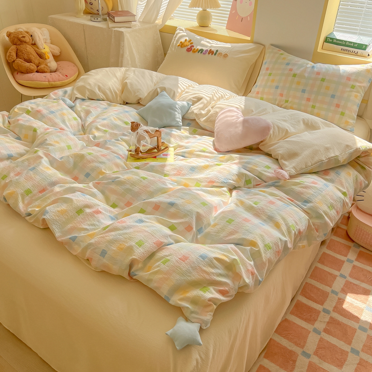 91家纺网 家纺一手货源 找家纺 子钦家纺 2026春夏新款提花泡芙棉可爱小清新手工爱心小星星系列床单床笠四件套-流星花园 流星花园-七彩格