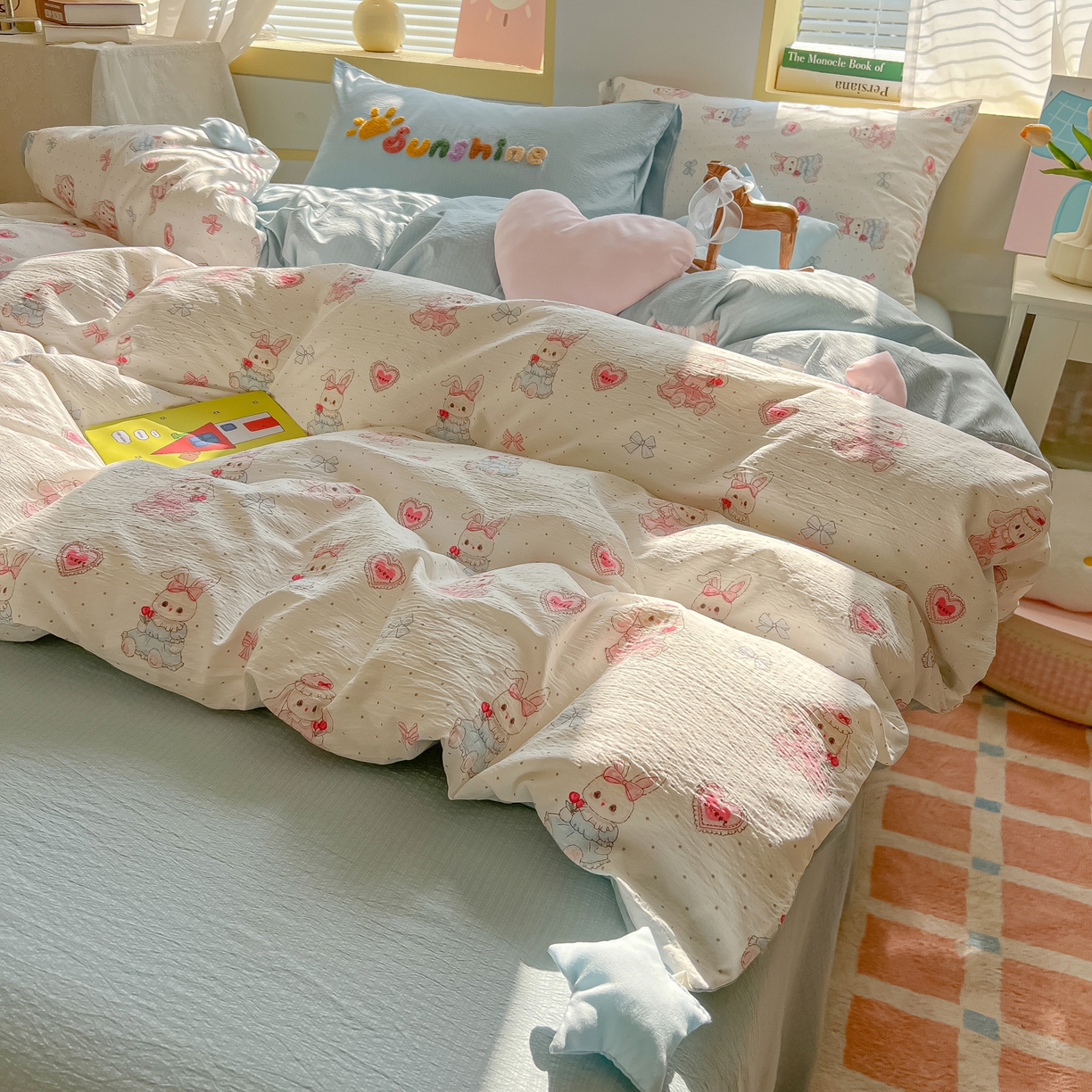 91家纺网 家纺一手货源 找家纺 子钦家纺 2026春夏新款提花泡芙棉可爱小清新手工爱心小星星系列床单床笠四件套-流星花园 流星花园-洛丽塔