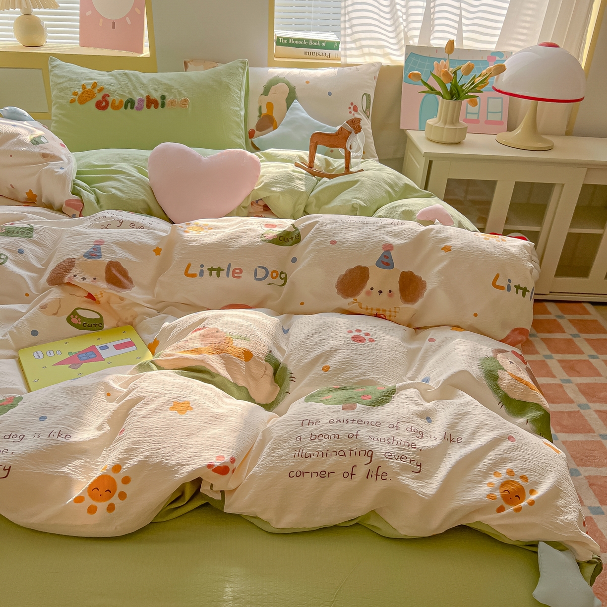 91家纺网 家纺一手货源 找家纺 子钦家纺 2026春夏新款提花泡芙棉可爱小清新手工爱心小星星系列床单床笠四件套-流星花园 流行花园-趴趴狗