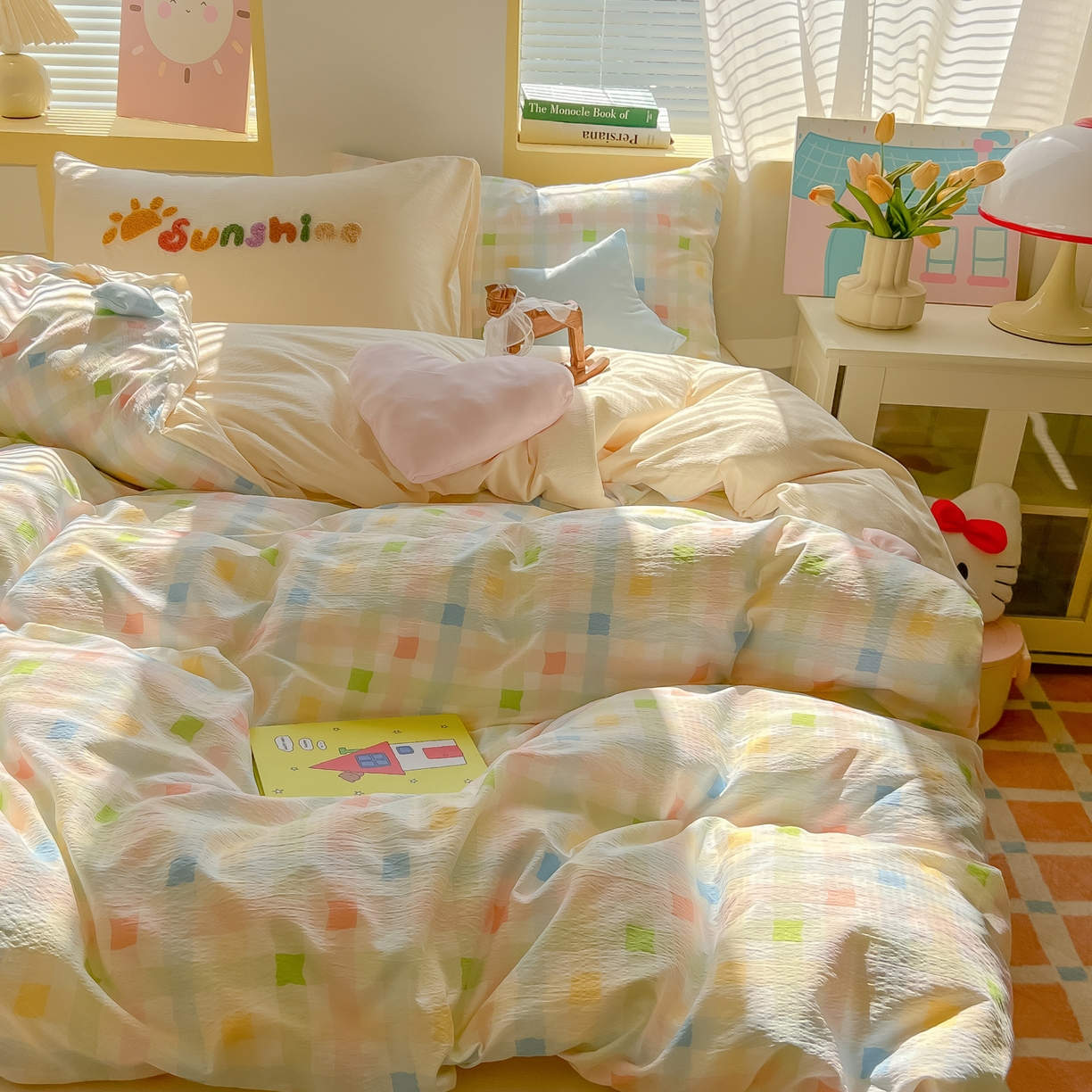 91家纺网 家纺一手货源 找家纺 子钦家纺 2026春夏新款提花泡芙棉可爱小清新手工爱心小星星系列床单床笠四件套-流星花园 流星花园-七彩格