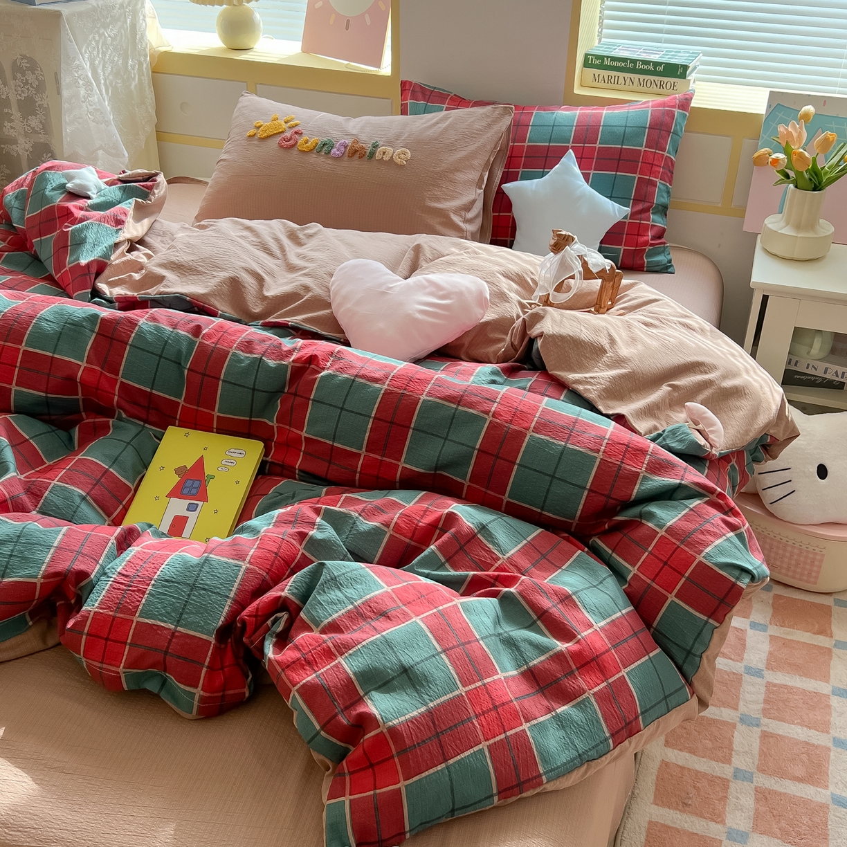 91家纺网 家纺一手货源 找家纺 子钦家纺 2026春夏新款提花泡芙棉可爱小清新手工爱心小星星系列床单床笠四件套-流星花园 流星花园-苏格兰格