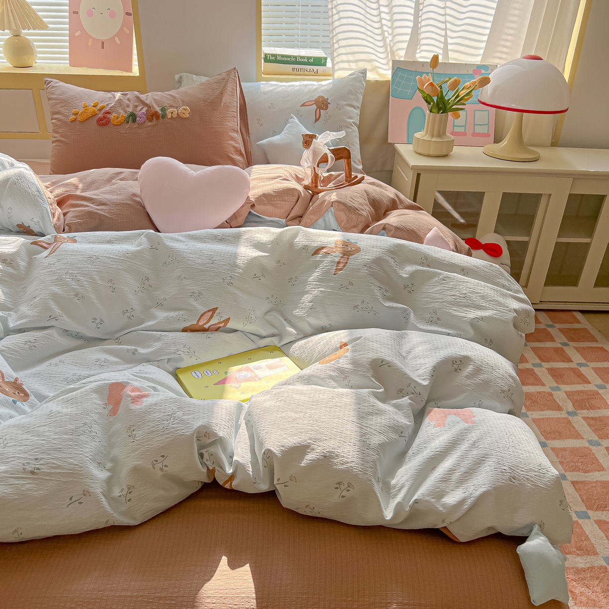 91家纺网 家纺一手货源 找家纺 子钦家纺 2026春夏新款提花泡芙棉可爱小清新手工爱心小星星系列床单床笠四件套-流星花园 流星花园-碎花兔兔