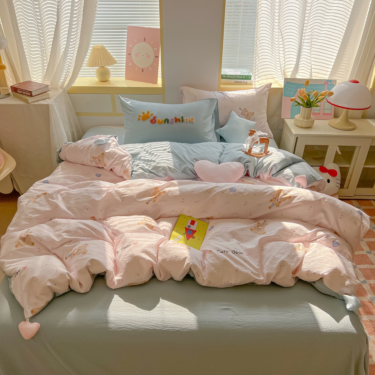 91家纺网 家纺一手货源 找家纺 子钦家纺 2026春夏新款提花泡芙棉可爱小清新手工爱心小星星系列床单床笠四件套-流星花园 流星花园-生日熊