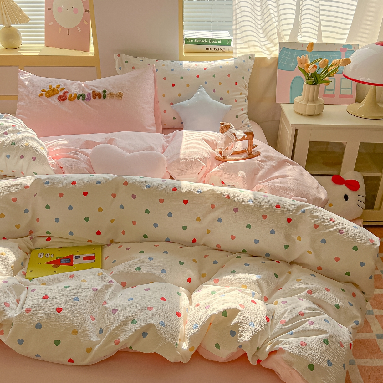 子钦家纺 2026春夏新款提花泡芙棉可爱小清新手工爱心小星星系列床单床笠四件套-流星花园 流星花园-七彩爱心