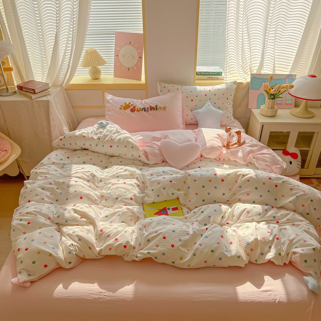 91家纺网 家纺一手货源 找家纺 子钦家纺 2026春夏新款提花泡芙棉可爱小清新手工爱心小星星系列床单床笠四件套-流星花园 流星花园-七彩爱心