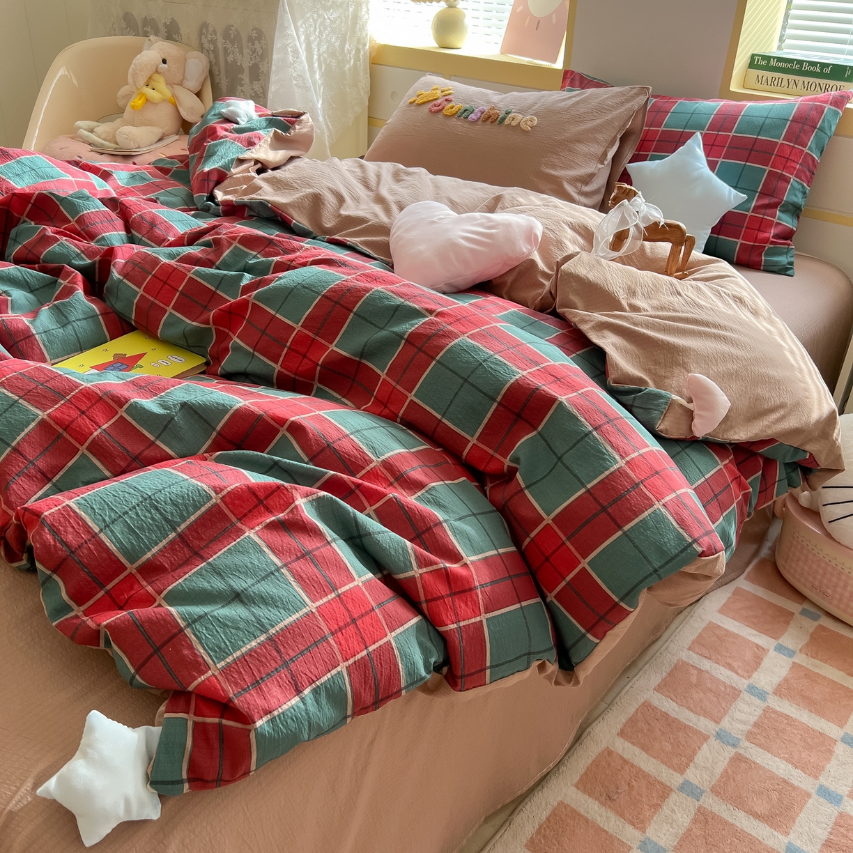 91家纺网 家纺一手货源 找家纺 子钦家纺 2026春夏新款提花泡芙棉可爱小清新手工爱心小星星系列床单床笠四件套-流星花园 流星花园-苏格兰格