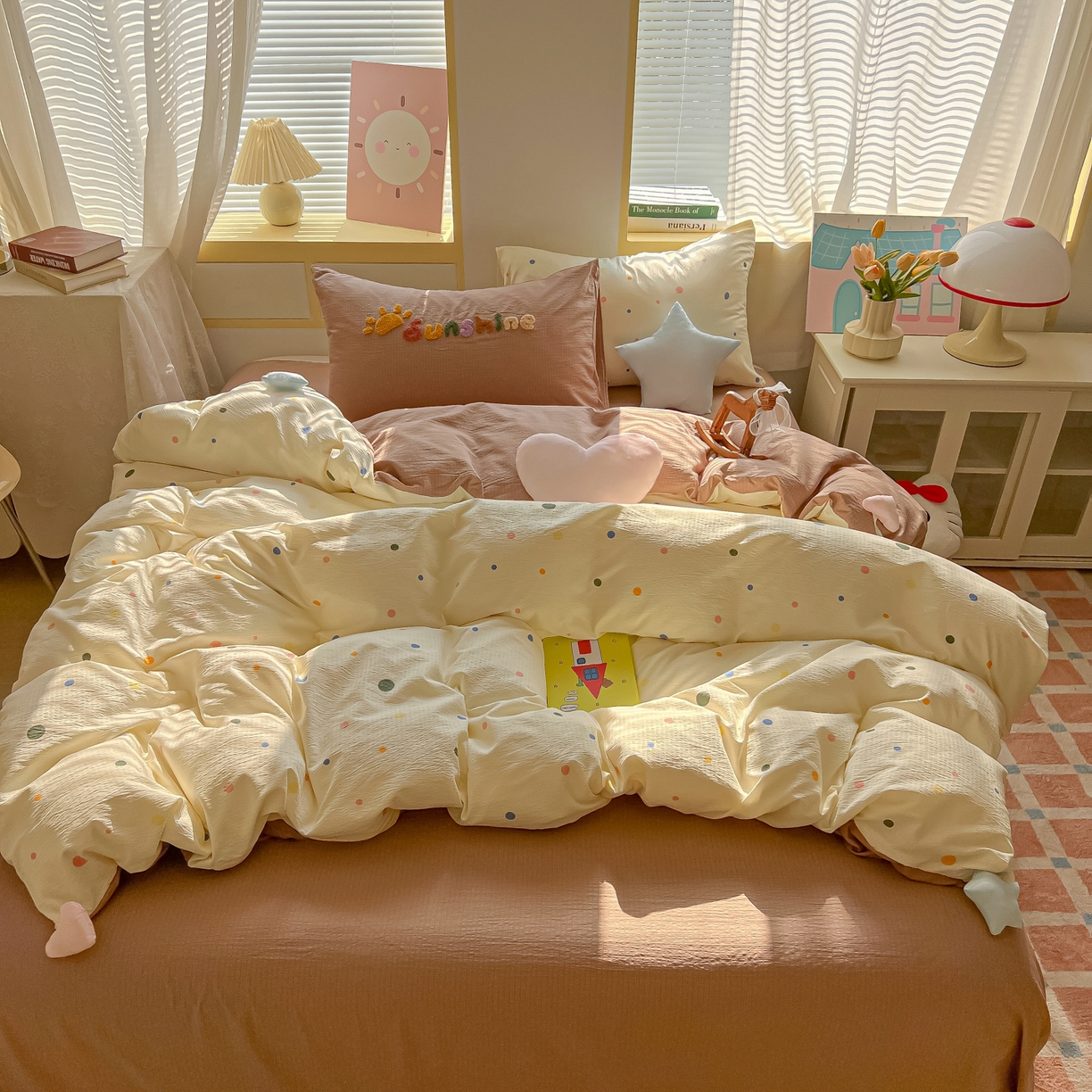 91家纺网 家纺一手货源 找家纺 子钦家纺 2026春夏新款提花泡芙棉可爱小清新手工爱心小星星系列床单床笠四件套-流星花园 流星花园-七彩波点
