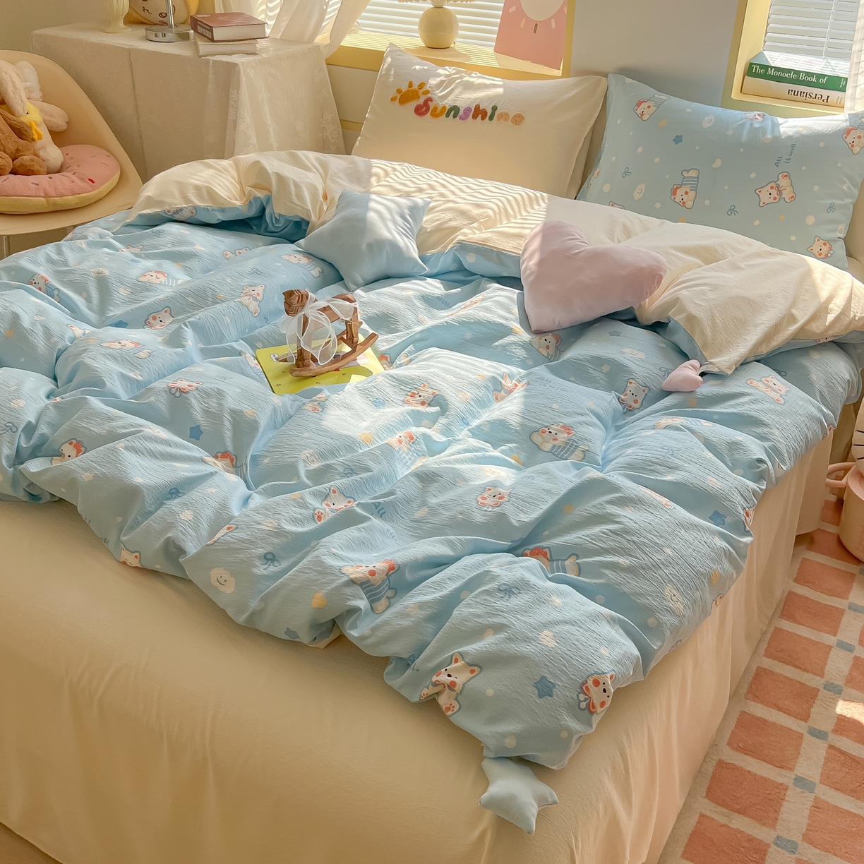 91家纺网 家纺一手货源 找家纺 子钦家纺 2026春夏新款提花泡芙棉可爱小清新手工爱心小星星系列床单床笠四件套-流星花园 流星花园-西高地