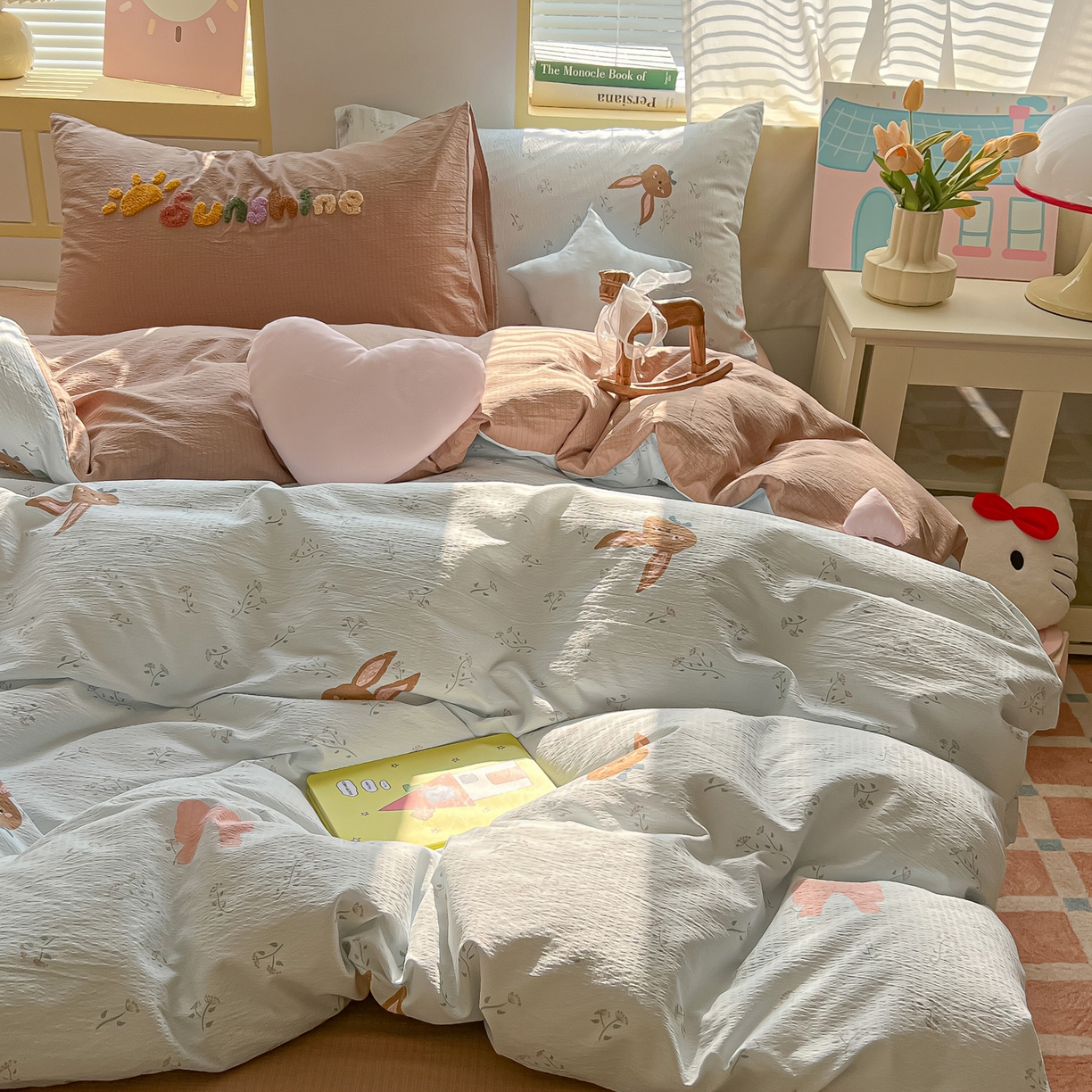 91家纺网 家纺一手货源 找家纺 子钦家纺 2026春夏新款提花泡芙棉可爱小清新手工爱心小星星系列床单床笠四件套-流星花园 流星花园-碎花兔兔