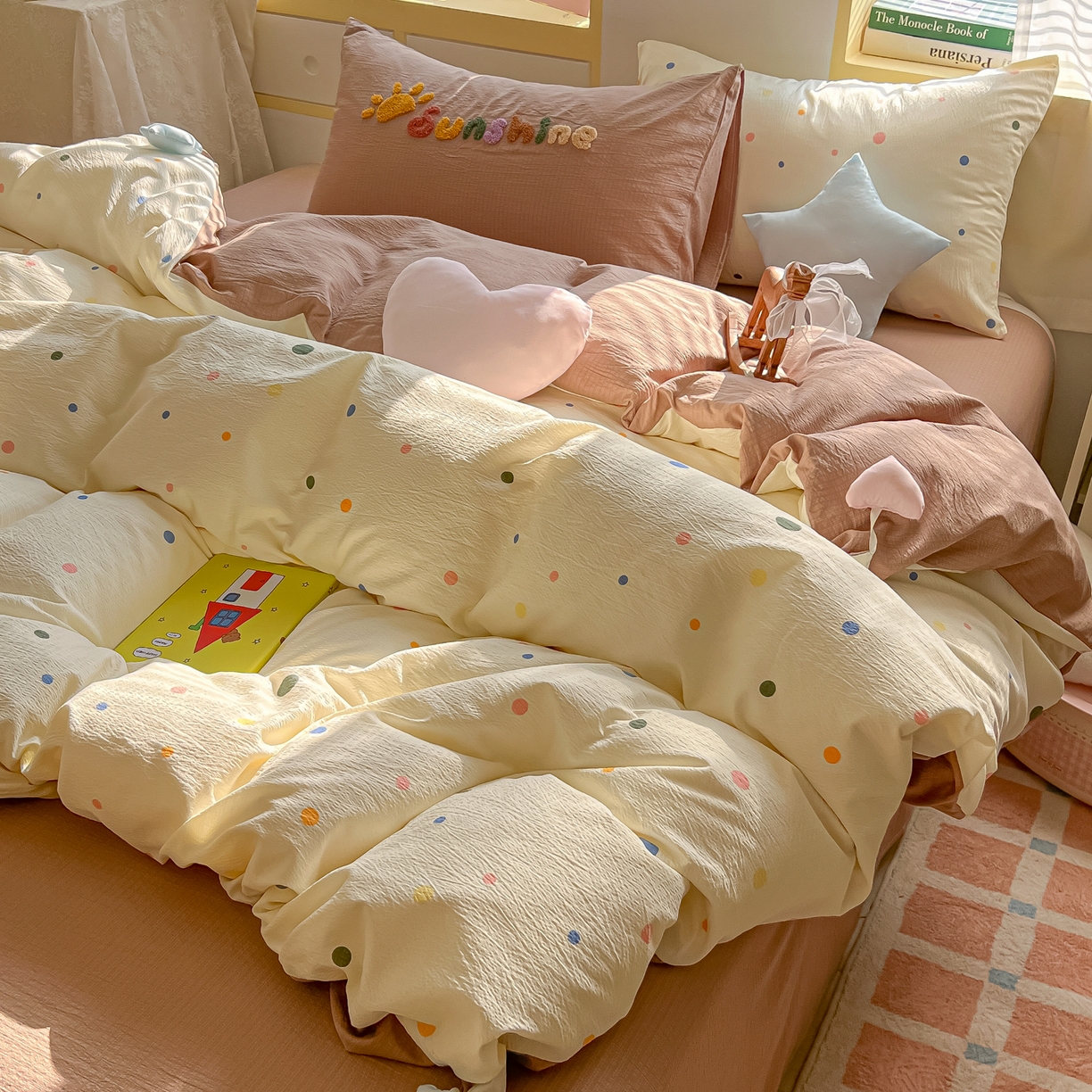 91家纺网 家纺一手货源 找家纺 子钦家纺 2026春夏新款提花泡芙棉可爱小清新手工爱心小星星系列床单床笠四件套-流星花园 流星花园-七彩波点