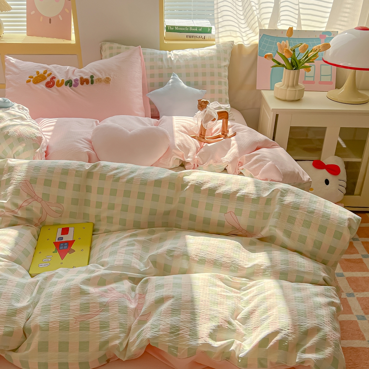 91家纺网 家纺一手货源 找家纺 子钦家纺 2026春夏新款提花泡芙棉可爱小清新手工爱心小星星系列床单床笠四件套-流星花园 流星花园-蝴蝶结格子