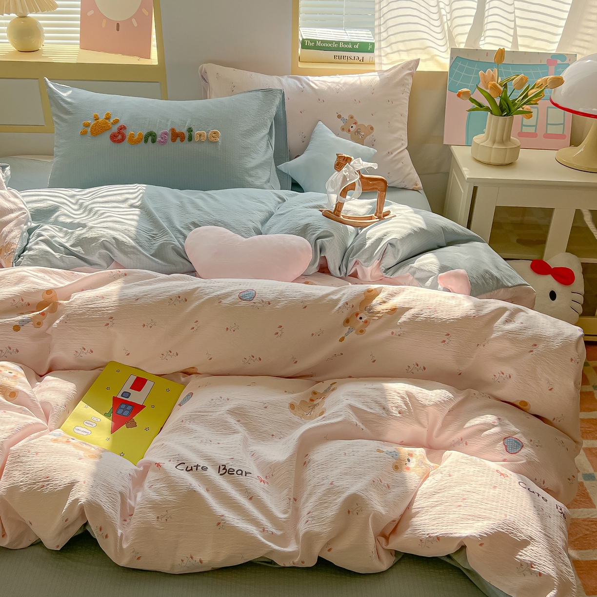 91家纺网 家纺一手货源 找家纺 子钦家纺 2026春夏新款提花泡芙棉可爱小清新手工爱心小星星系列床单床笠四件套-流星花园 流星花园-生日熊