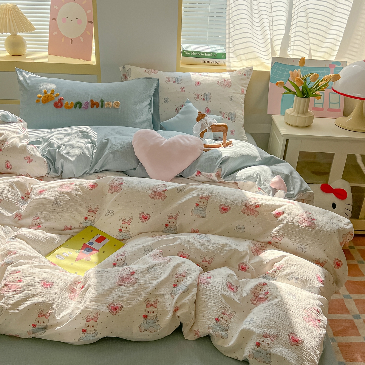 91家纺网 家纺一手货源 找家纺 （总）子钦家纺 2026春夏新款提花泡芙棉可爱小清新手工爱心小星星系列床单床笠四件套-流星花园