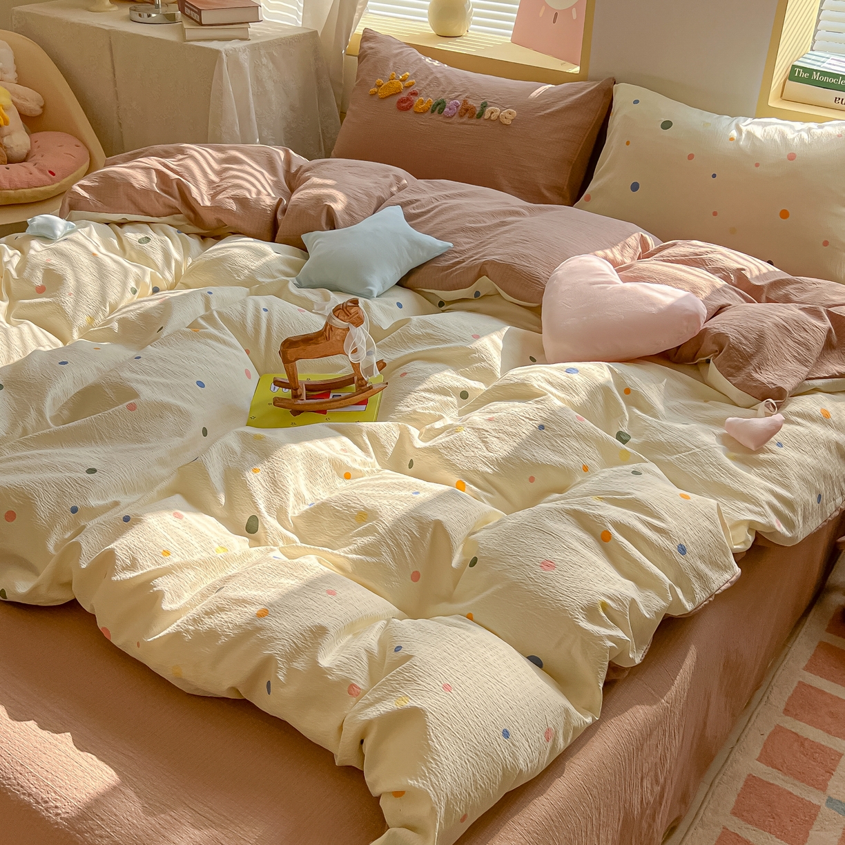 91家纺网 家纺一手货源 找家纺 子钦家纺 2026春夏新款提花泡芙棉可爱小清新手工爱心小星星系列床单床笠四件套-流星花园 流星花园-七彩波点