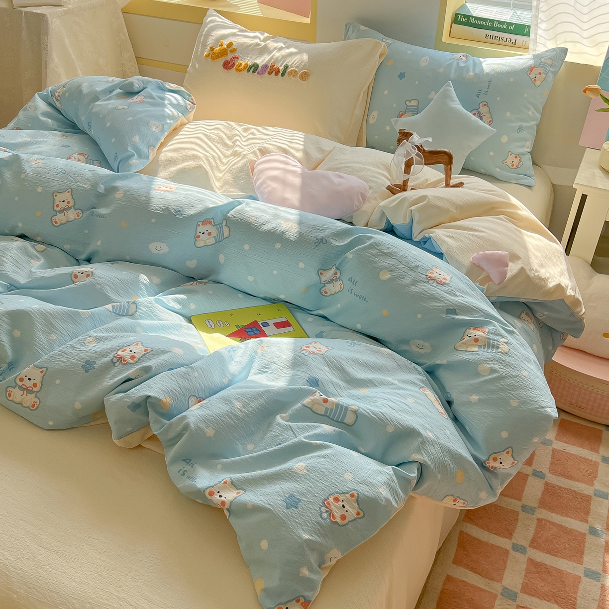 91家纺网 家纺一手货源 找家纺 子钦家纺 2026春夏新款提花泡芙棉可爱小清新手工爱心小星星系列床单床笠四件套-流星花园 流星花园-西高地