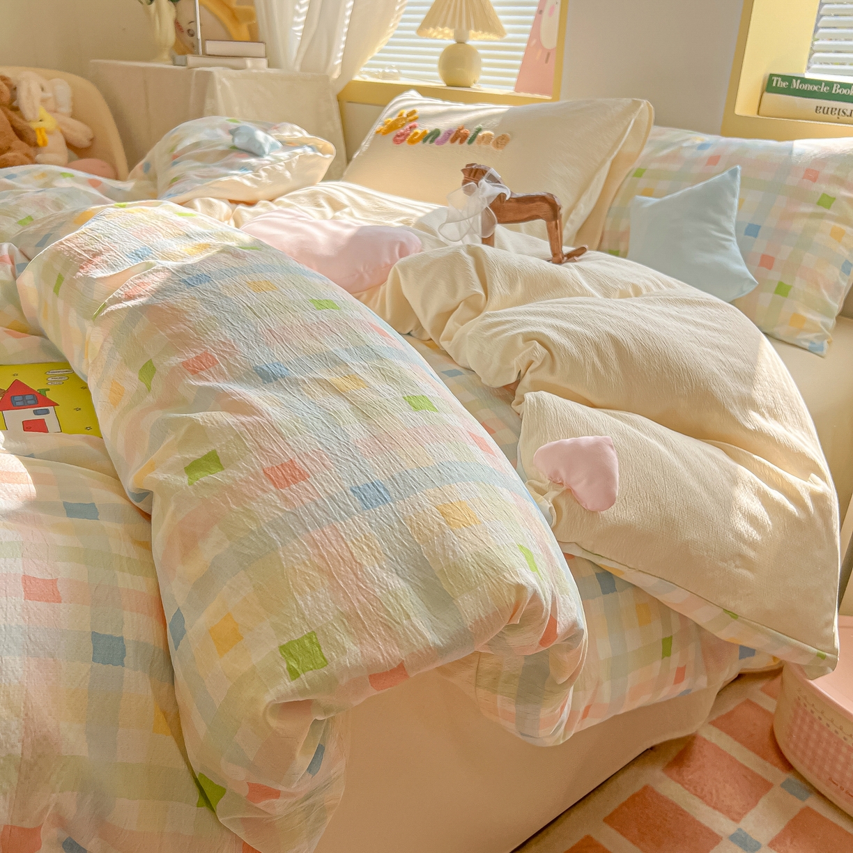 91家纺网 家纺一手货源 找家纺 子钦家纺 2026春夏新款提花泡芙棉可爱小清新手工爱心小星星系列床单床笠四件套-流星花园 流星花园-七彩格