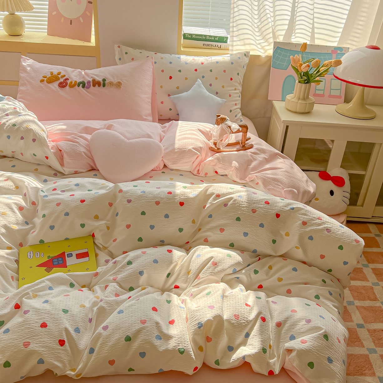 91家纺网 家纺一手货源 找家纺 子钦家纺 2026春夏新款提花泡芙棉可爱小清新手工爱心小星星系列床单床笠四件套-流星花园 流星花园-七彩爱心
