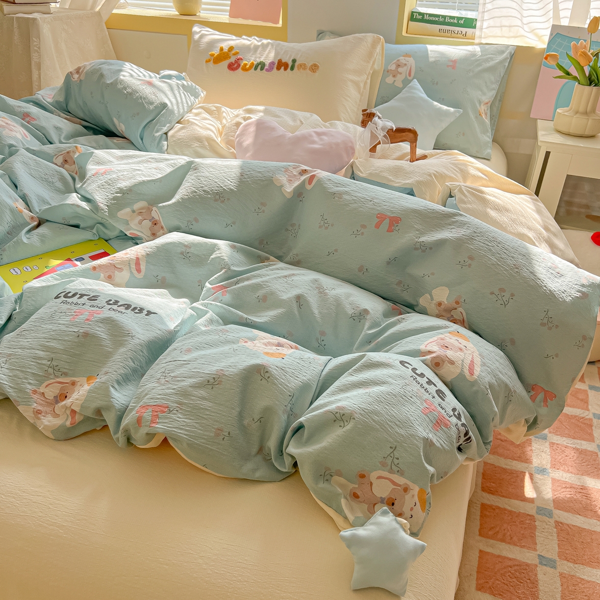 91家纺网 家纺一手货源 找家纺 子钦家纺 2026春夏新款提花泡芙棉可爱小清新手工爱心小星星系列床单床笠四件套-流星花园 流星花园-抱抱兔