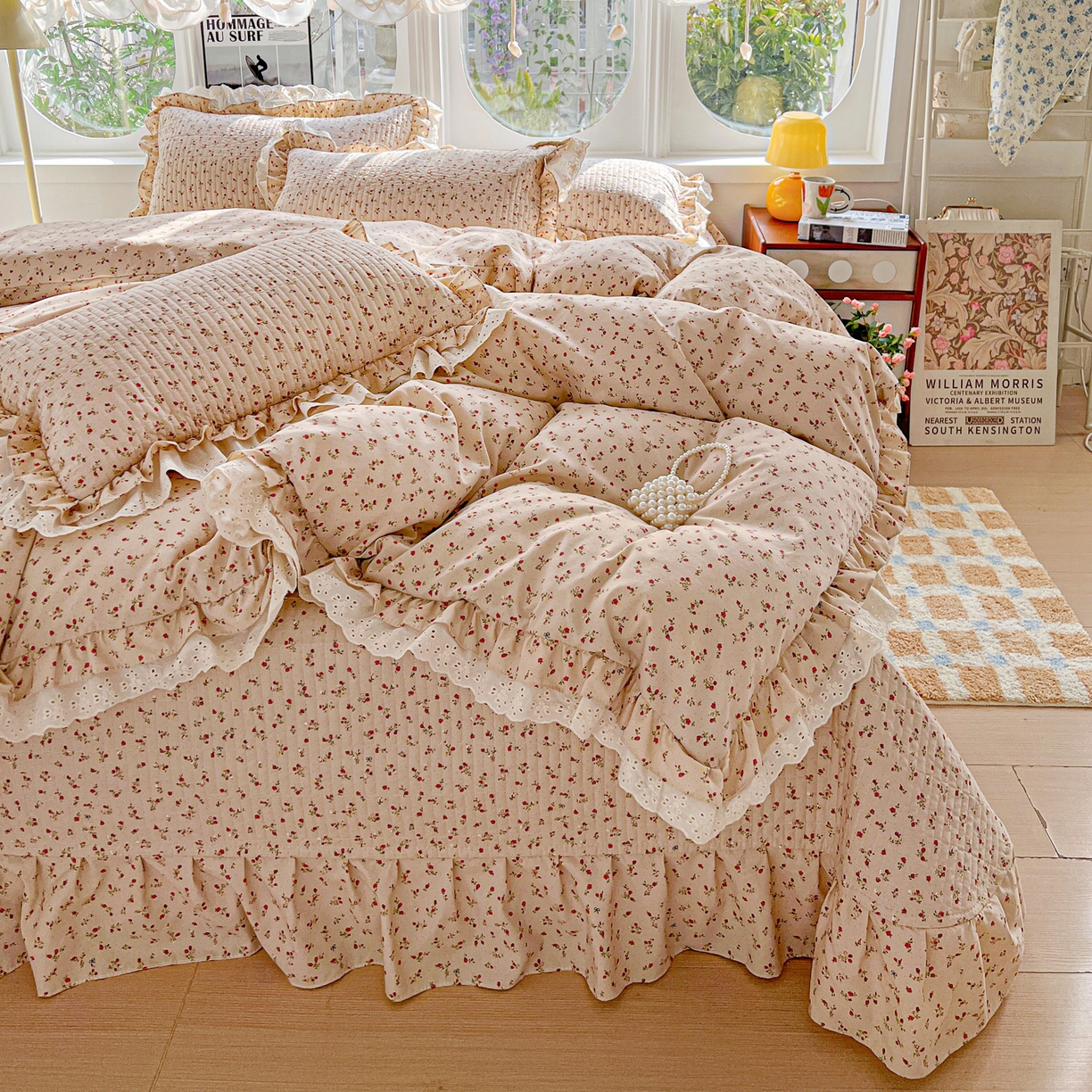  梦莱斯 2026新款小清新可爱风纯棉花边床盖四件套 焦糖小玫瑰