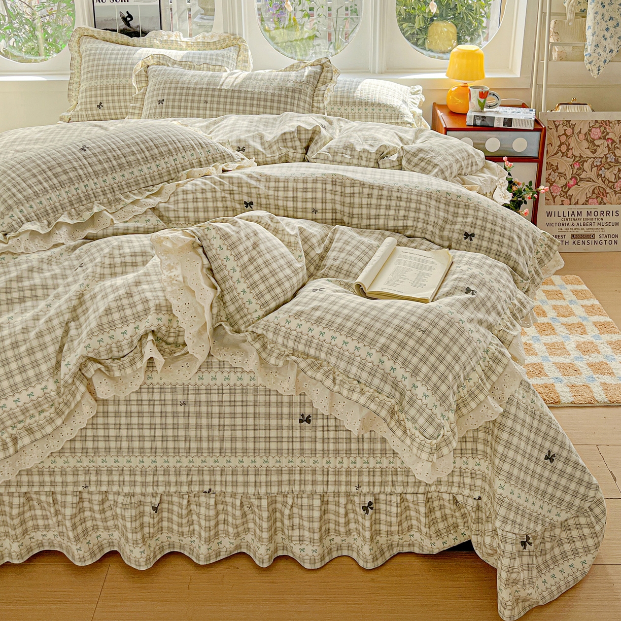  梦莱斯 2026新款小清新可爱风纯棉花边床盖四件套 绿格小蝴蝶