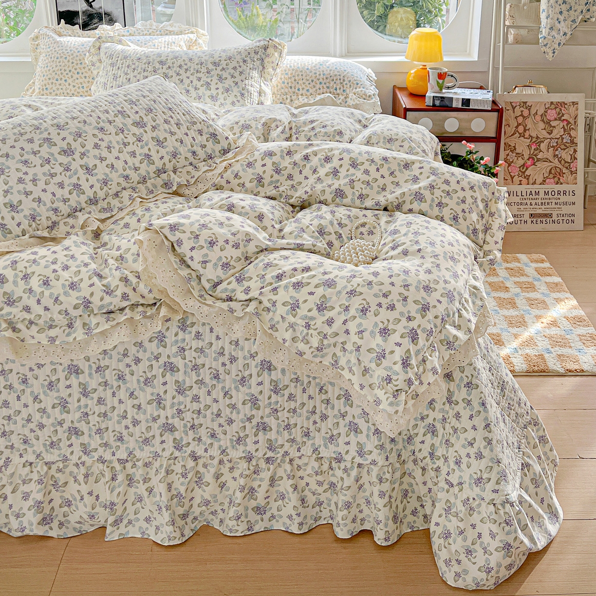  梦莱斯 2026新款小清新可爱风纯棉花边床盖四件套 浅蓝星花