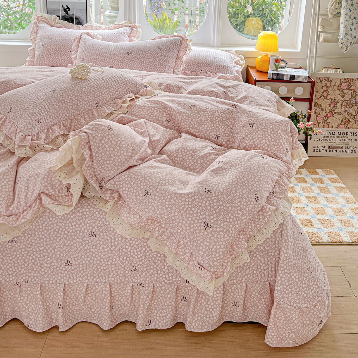 梦莱斯 2026新款小清新可爱风纯棉花边床盖四件套 甜心蝴蝶结