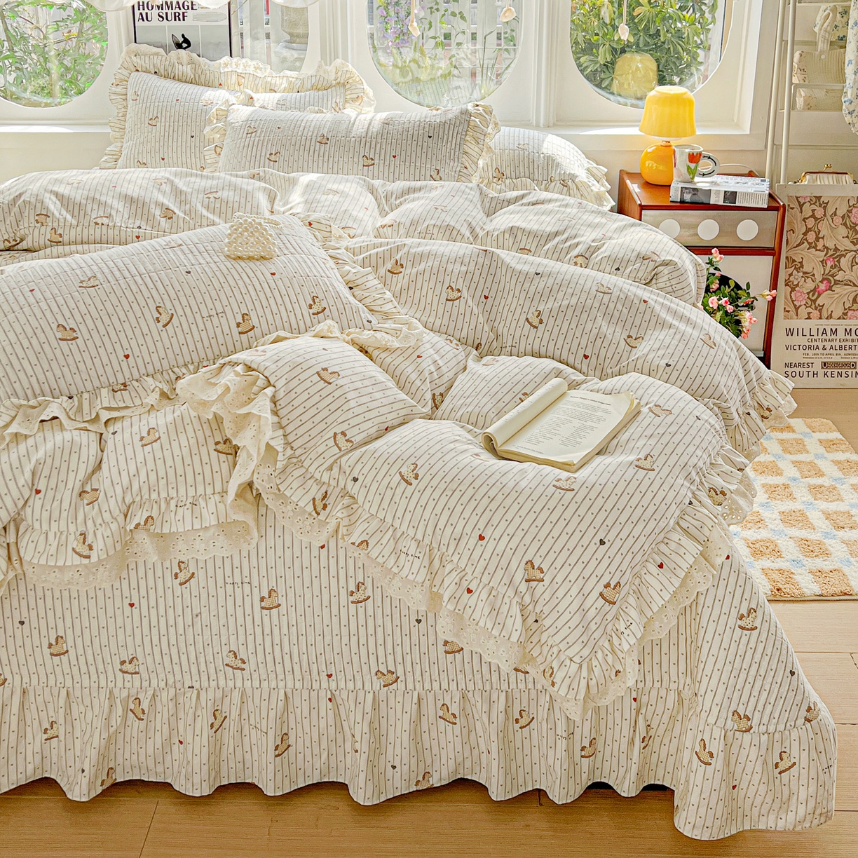 梦莱斯 2026新款小清新可爱风纯棉花边床盖四件套 甜心小马