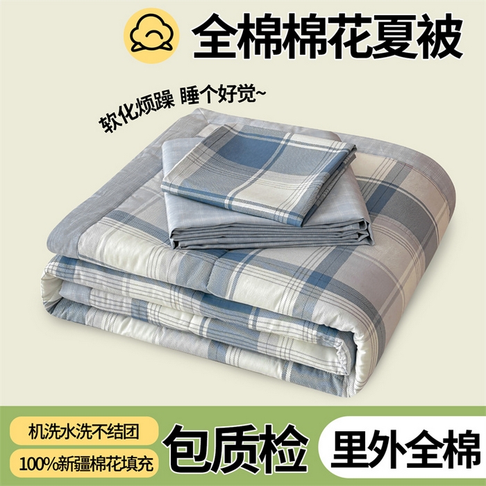 尊妙被业 2026新款里外全棉100%新疆棉花夏被被子被芯-简约风 悬浮晶阵-蓝
