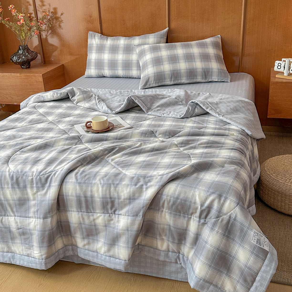 91家纺网 家纺一手货源 找家纺 尊妙被业 2026新款里外全棉100%新疆棉花夏被被子被芯-简约风 摩卡条纹-蓝