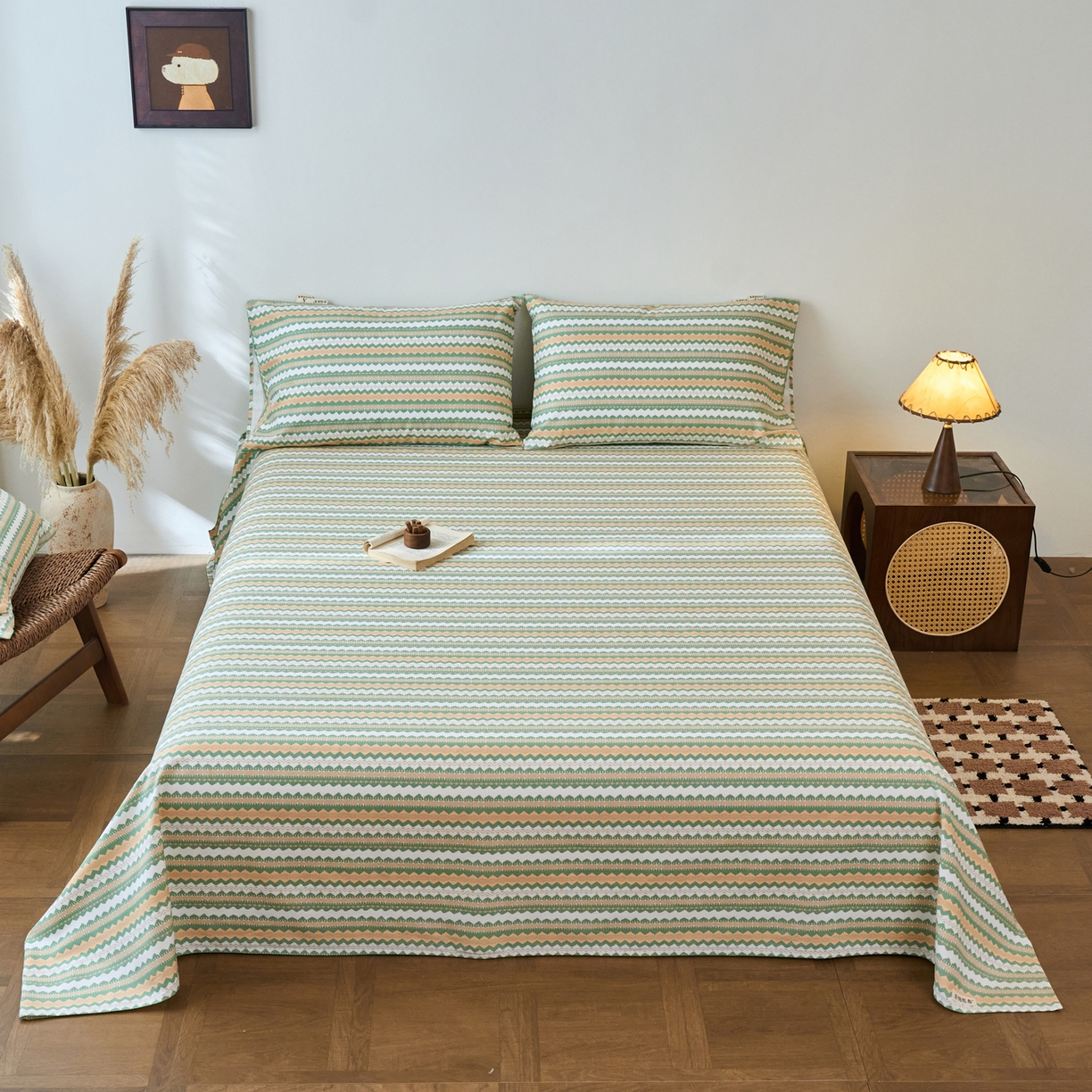 91家纺网 家纺一手货源 找家纺 春皖家纺 2026春夏新品简约款老粗布系列床单单品床单床单单件 羽安-绿