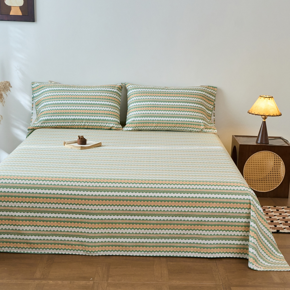 91家纺网 家纺一手货源 找家纺 春皖家纺 2026春夏新品简约款老粗布系列床单单品床单床单单件 羽安-绿