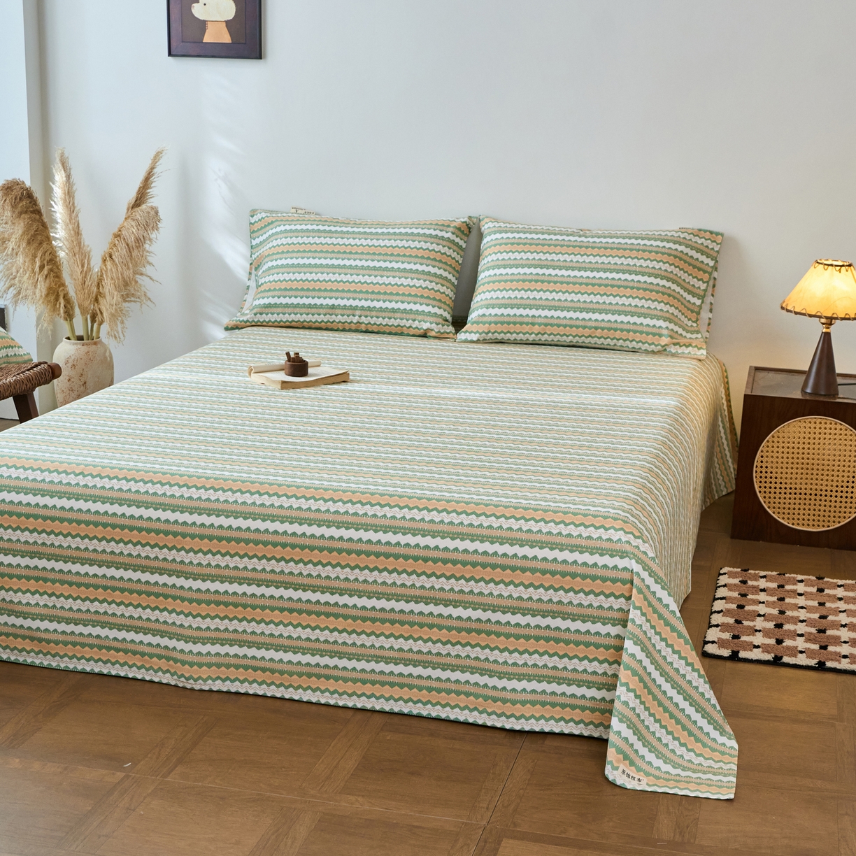 91家纺网 家纺一手货源 找家纺 春皖家纺 2026春夏新品简约款老粗布系列床单单品床单床单单件 羽安-绿