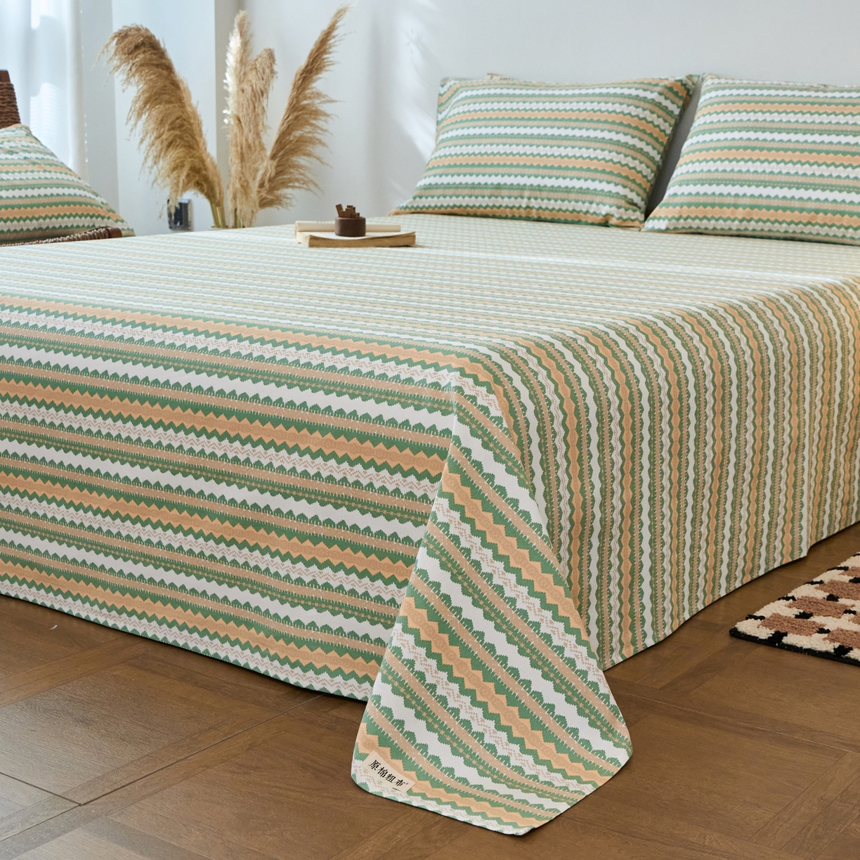 91家纺网 家纺一手货源 找家纺 春皖家纺 2026春夏新品简约款老粗布系列床单单品床单床单单件 羽安-绿