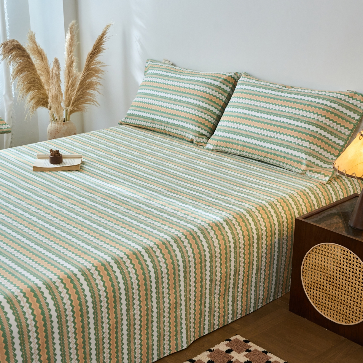 91家纺网 家纺一手货源 找家纺 春皖家纺 2026春夏新品简约款老粗布系列床单单品床单床单单件 羽安-绿