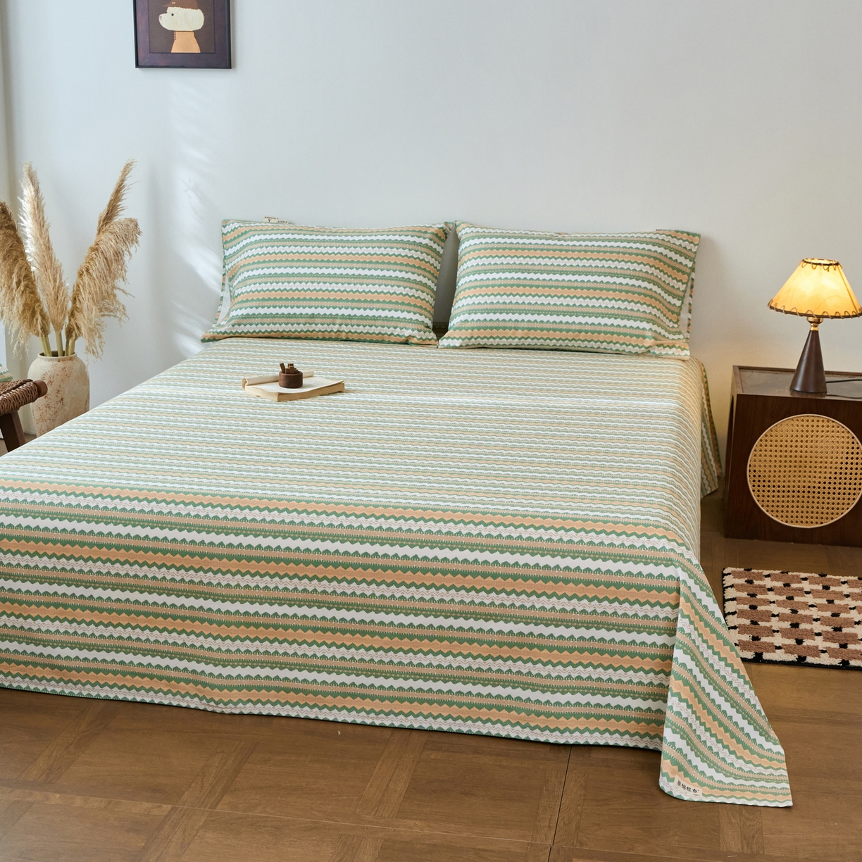 91家纺网 家纺一手货源 找家纺 春皖家纺 2026春夏新品简约款老粗布系列床单单品床单床单单件 羽安-绿